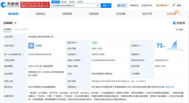 螞蟻集團(tuán)成立云帆科技，注冊(cè)資本1000萬(wàn)布局計(jì)算機(jī)軟硬件零售